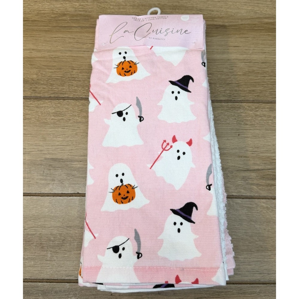 La Cuisine by Kassatex Halloween Kitchen Towels Set Pink Waffle Ghost Witch NWT